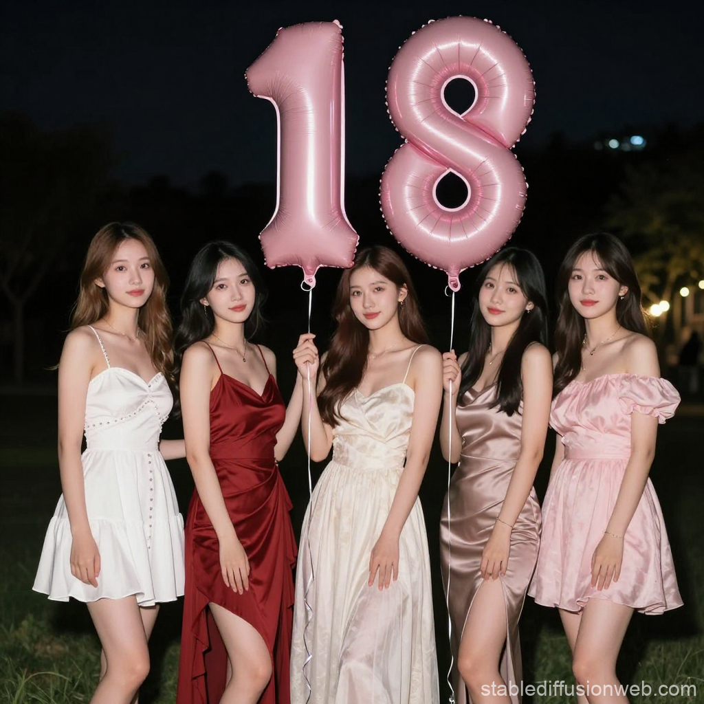 Elegant Group Celebration with Pink 18 Balloons at Night