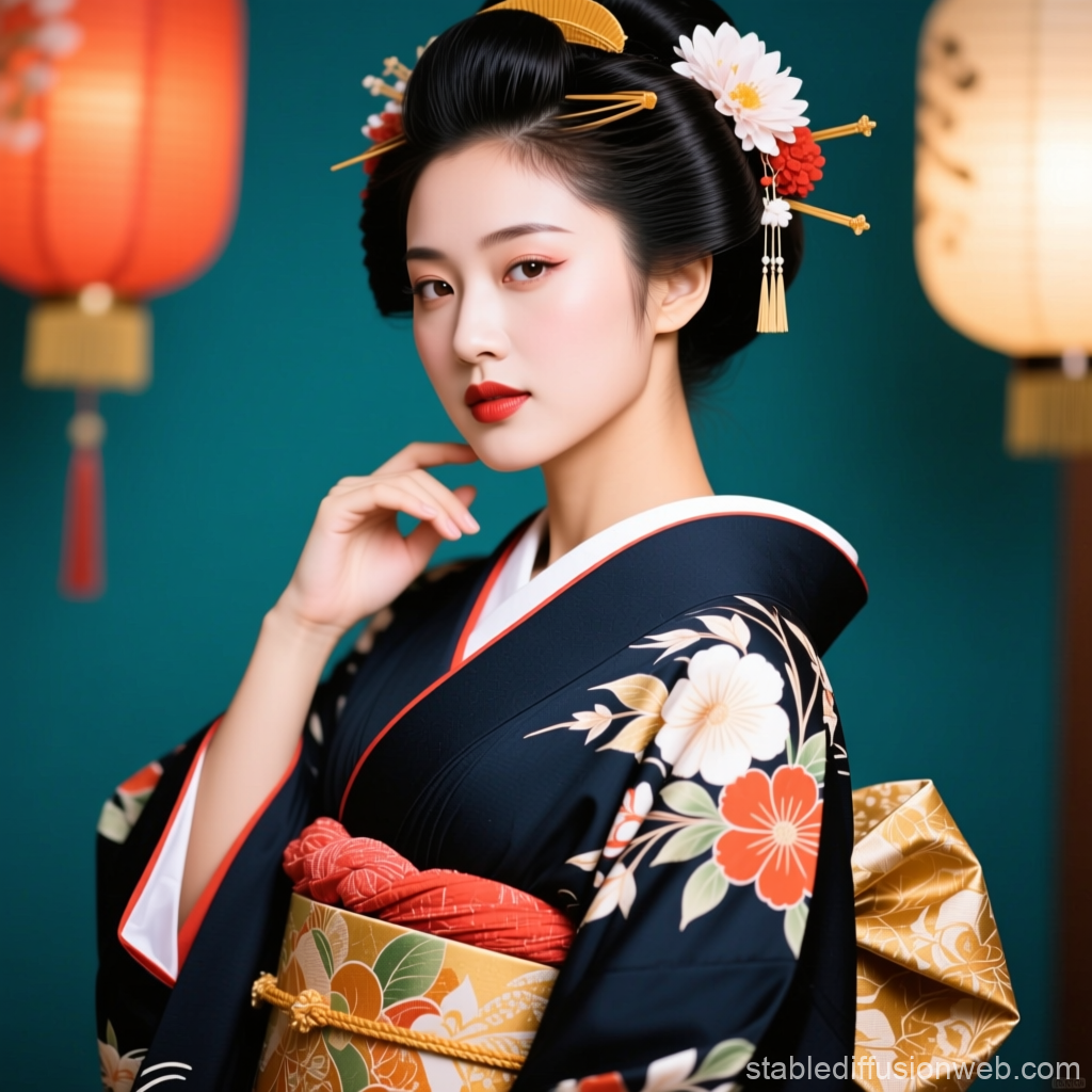 Elegant Japanese Woman in Traditional Kimono with Floral Patterns