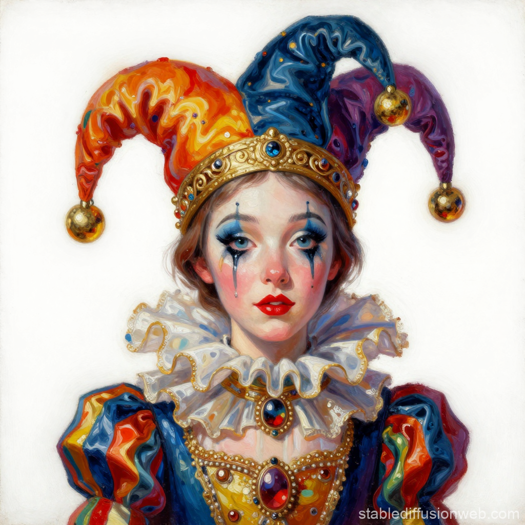 Elegant Jester Woman in Colorful Costume and Makeup