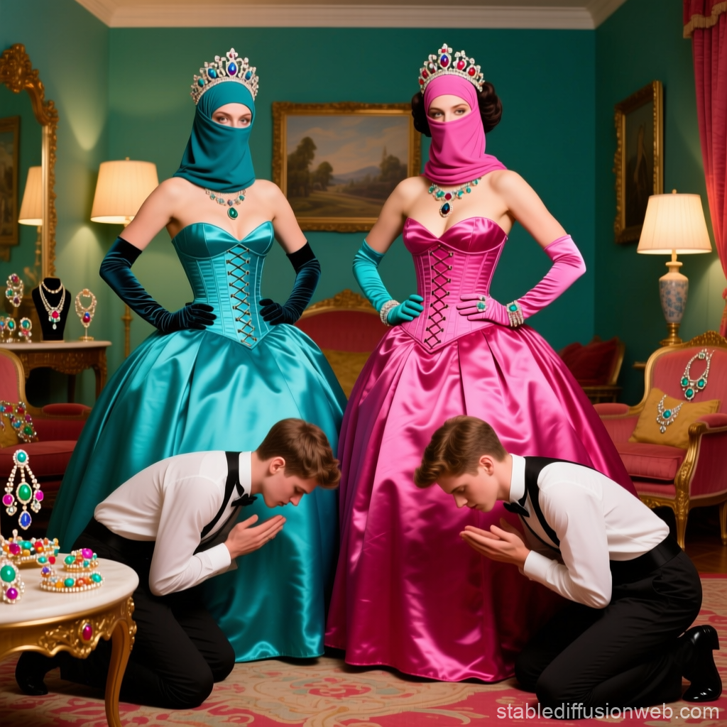 Elegant Ladies in Regal Satin Gowns with Bowing Attendants