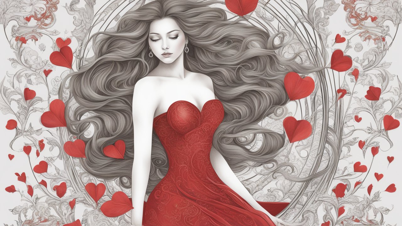Elegant Lady in Flowing Red Dress with Heart Motifs