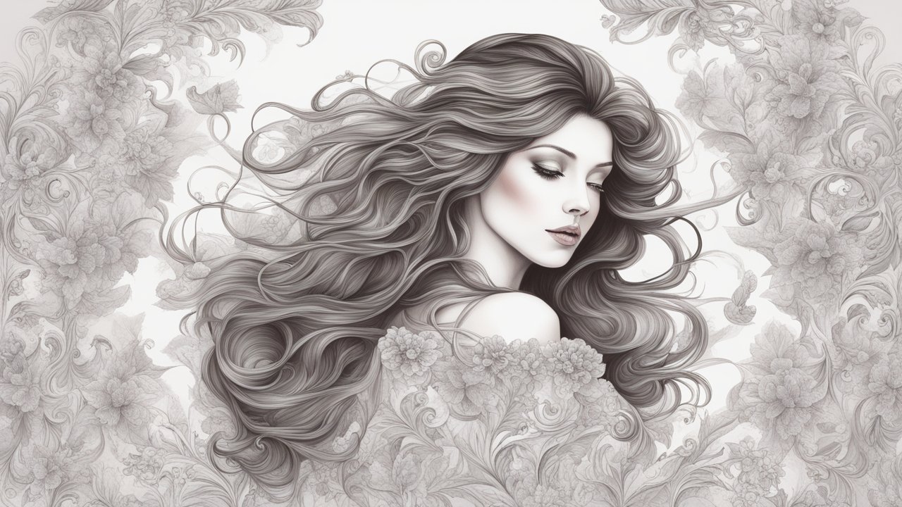 Elegant Lady with Flowing Hair and Floral Motifs
