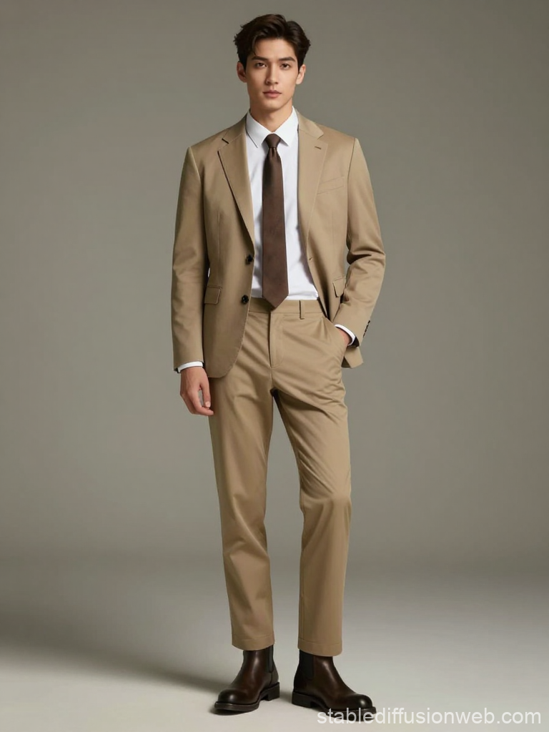Elegant Man in Tan Suit with Brown Tie and Boots