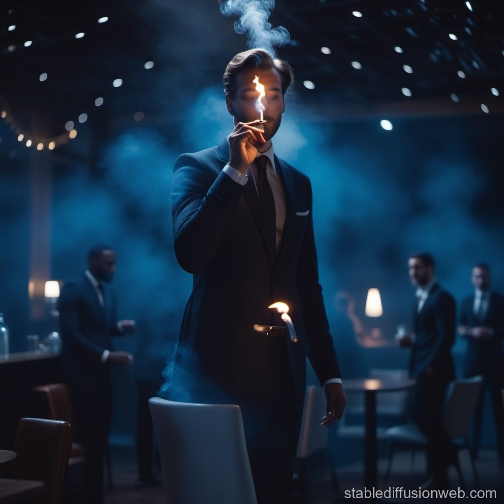 Elegant Man Lighting a Cigarette in a Smoky Lounge