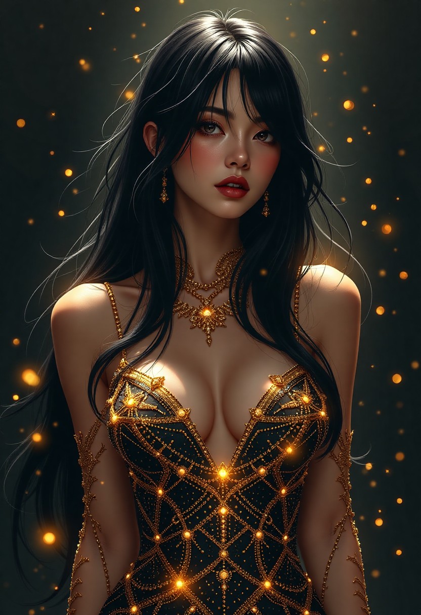 Elegant Manga Style Woman with Glowing Gold Accents
