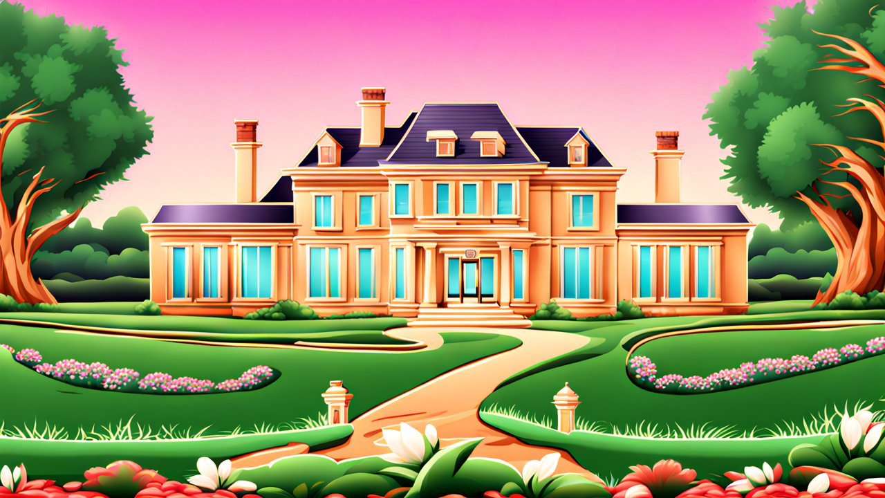 Elegant Mansion with Vibrant Garden at Sunset