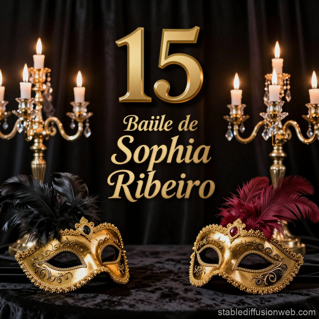 Elegant Masquerade Ball Invitation with Gold Masks and Candlelight
