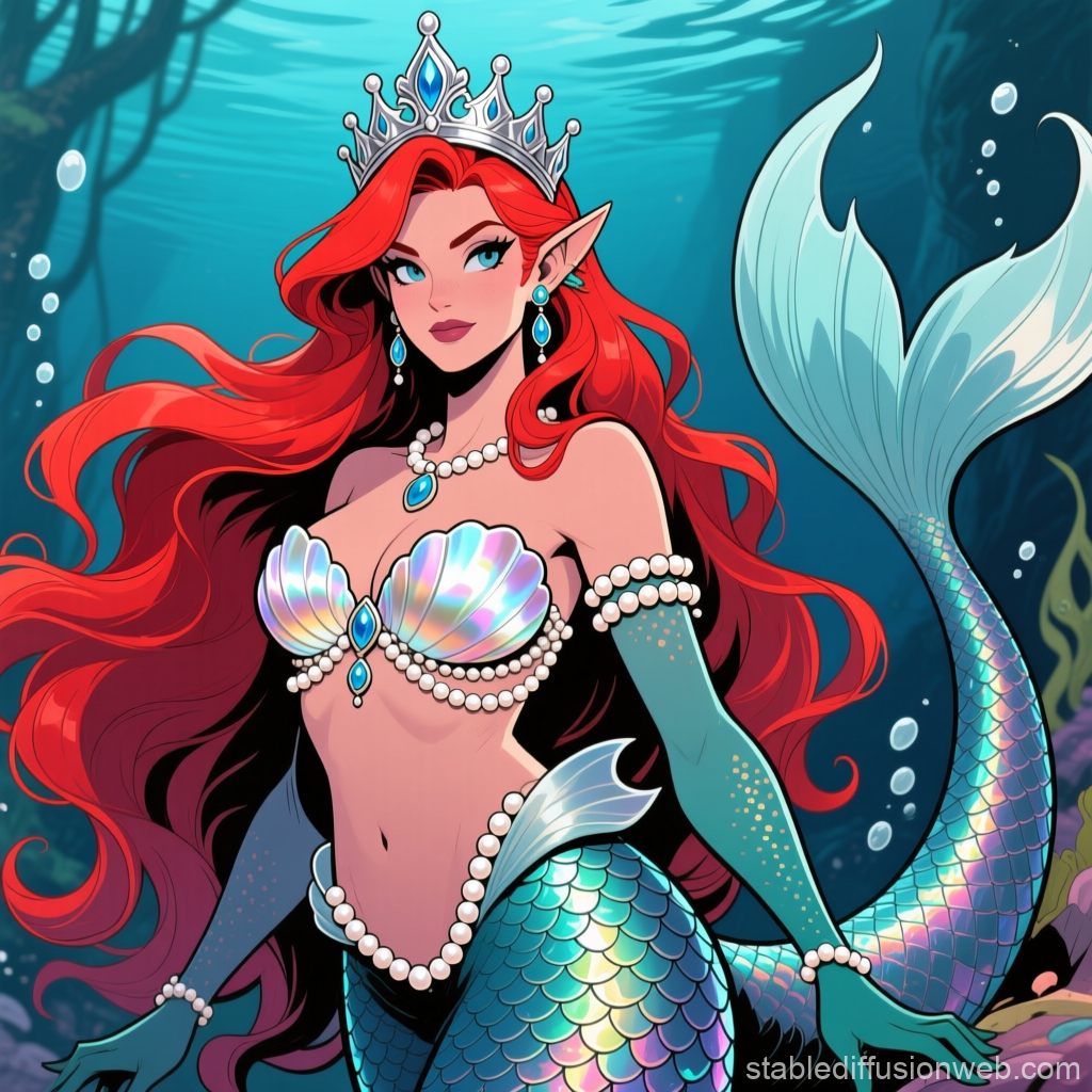 Elegant Mermaid Queen with Red Hair and Pearl Adornments