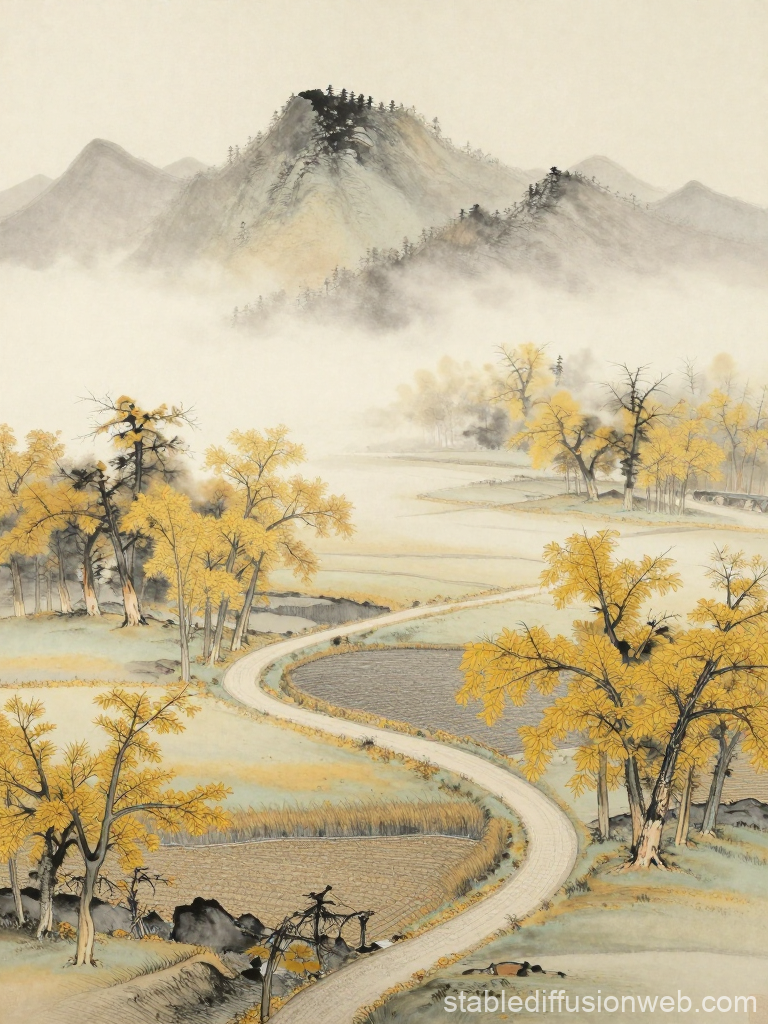 Elegant Misty Mountain Landscape with Autumn Trees