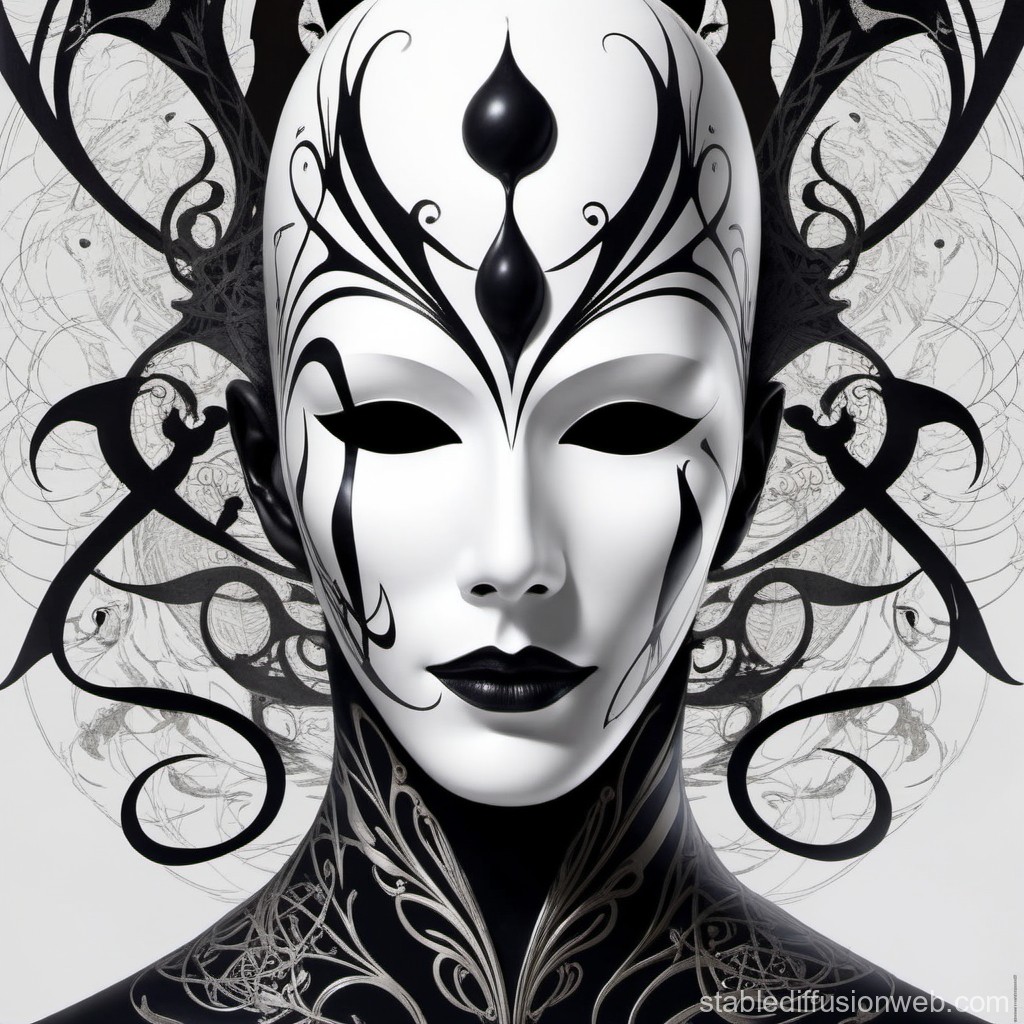Elegant Monochrome Masked Figure with Intricate Black Patterns