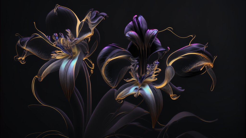 Elegant Neon-Lit Abstract Flowers on Black Background