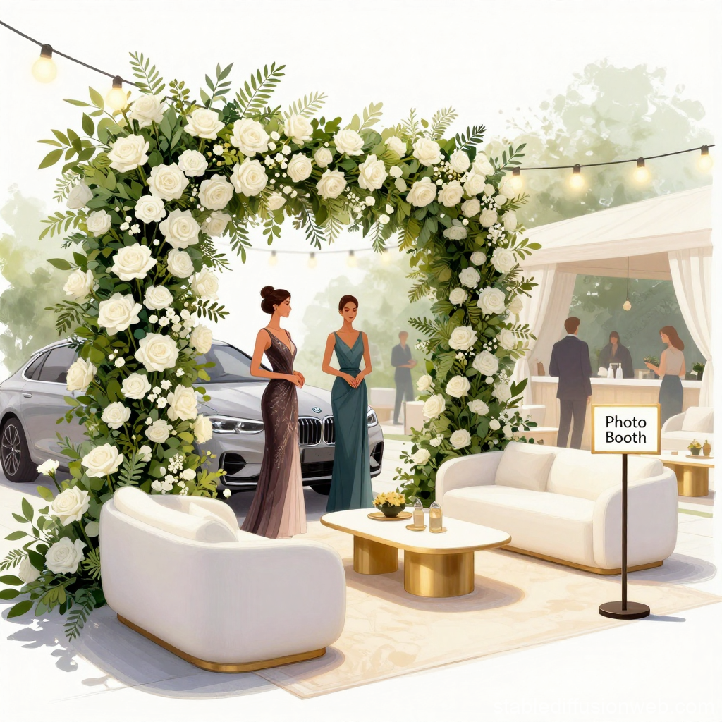 Elegant Outdoor Luxury Photo Booth with Floral Arch