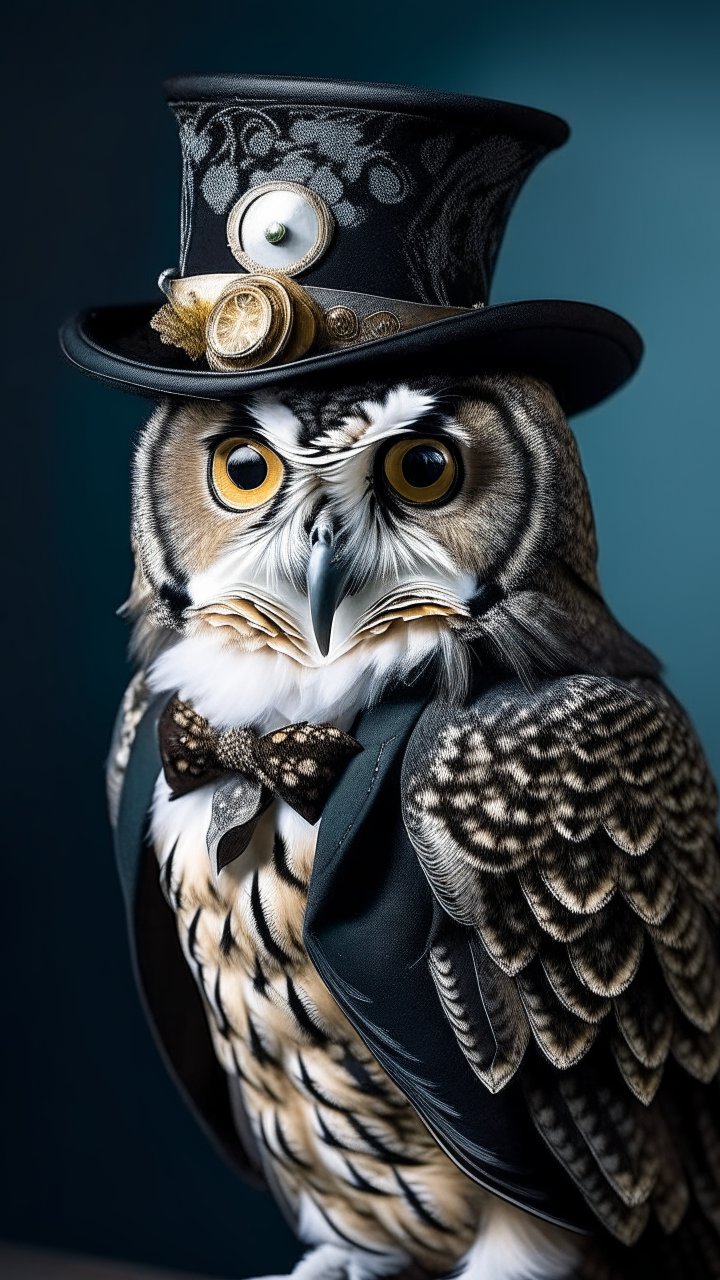 Elegant Owl Wearing a Victorian Top Hat and Bow Tie