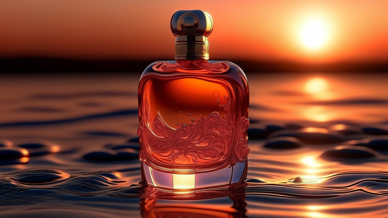 Elegant Perfume Bottle at Sunset on Water Surface