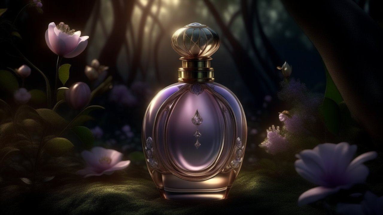 Elegant Perfume Bottle in Enchanted Forest