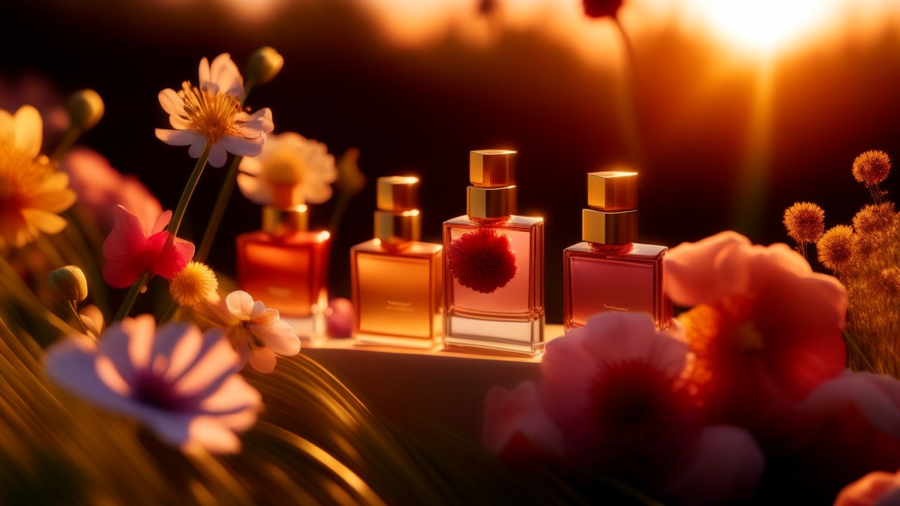 Elegant Perfume Bottles Amidst Soft Floral Glow