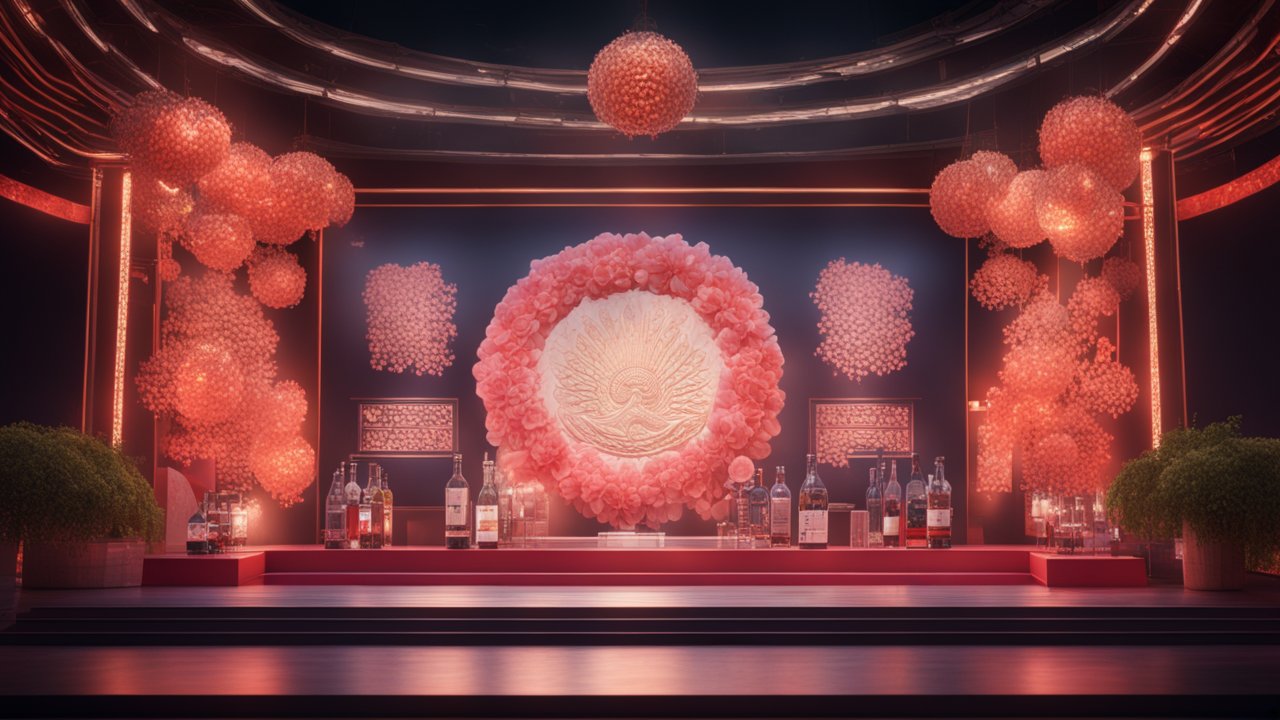 Elegant Pernod Ricard Stage Design with Floral and Bottle Display