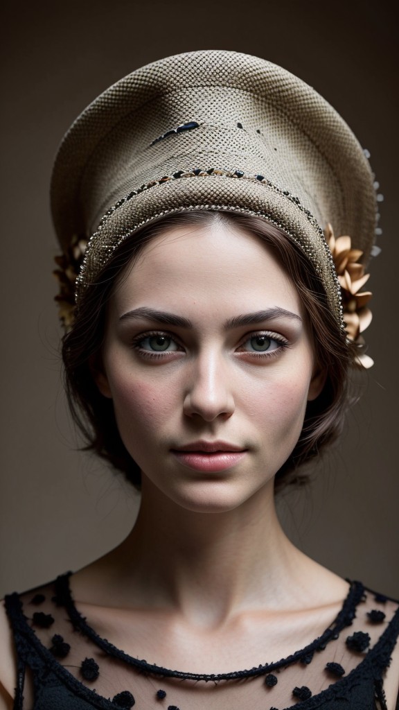 Elegant Portrait of a Young Woman in Vintage Headwear