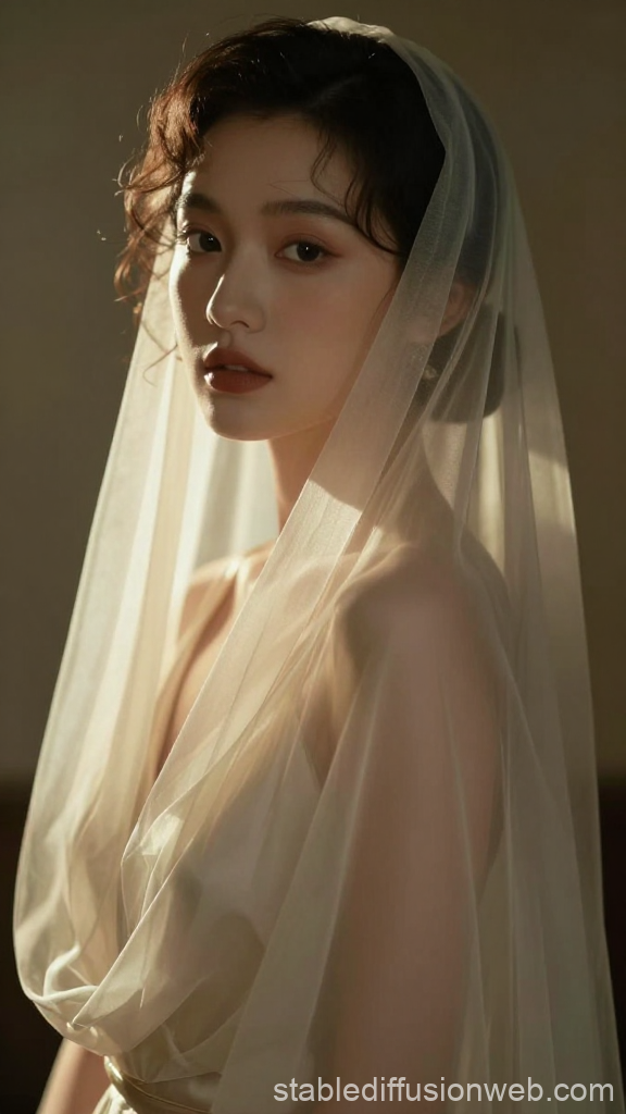 Elegant Portrait of Woman Draped in Sheer Chiffon Veil