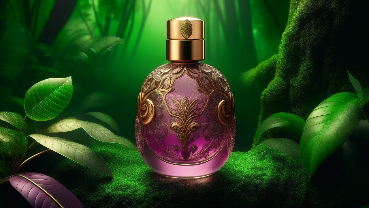Elegant Purple Perfume Bottle in Lush Green Forest
