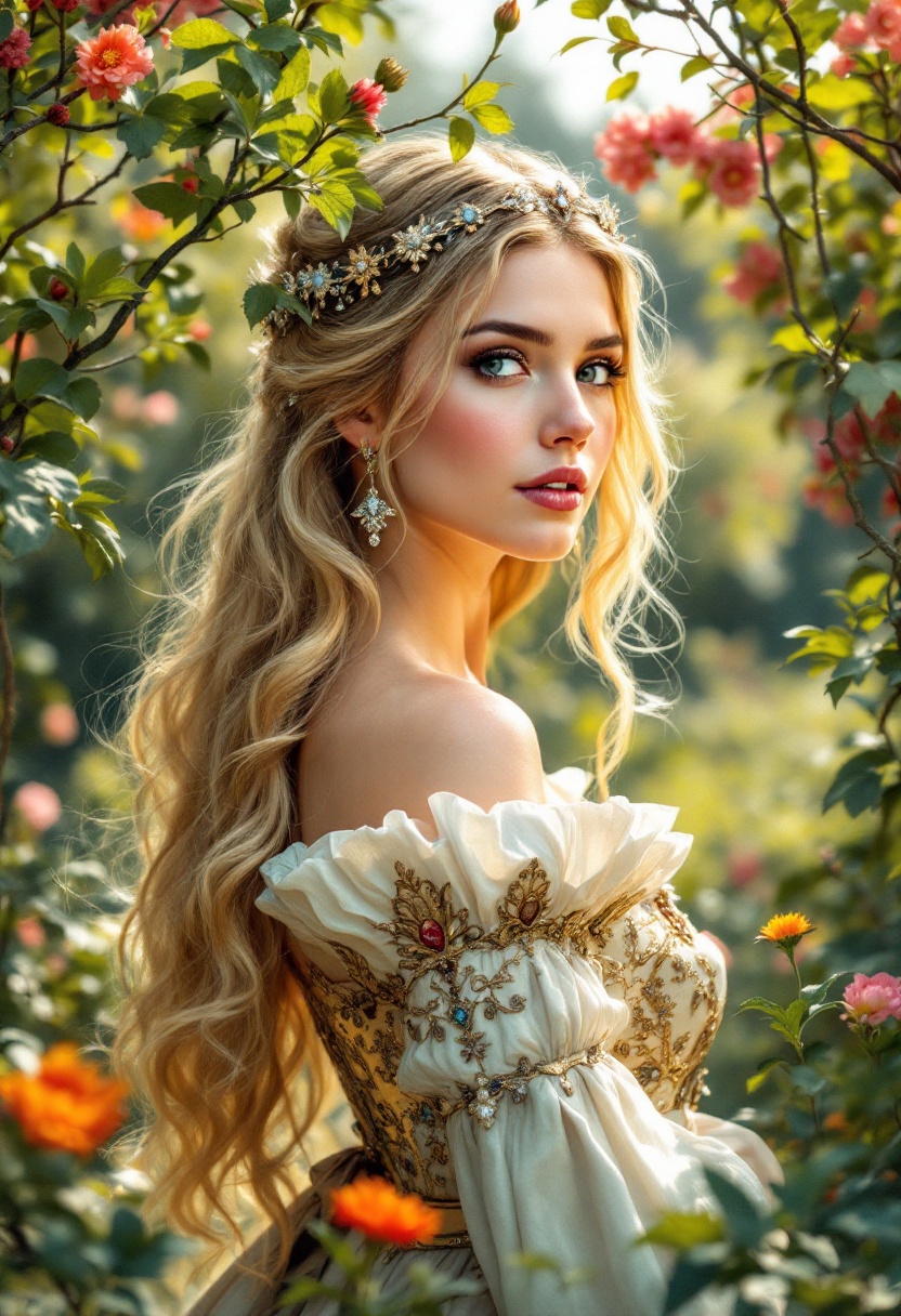 Elegant Queen in Ornate Dress Among Blossoms
