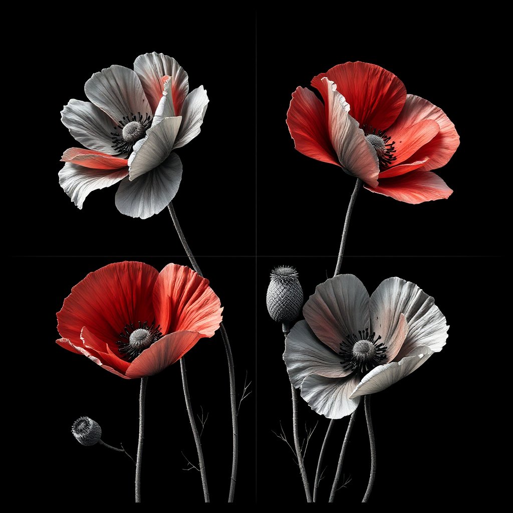 Elegant Red and White Poppies on Black Background