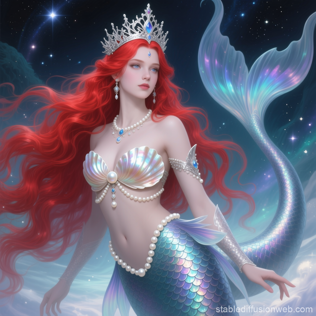Elegant Red-Haired Mermaid Queen Under Starry Sky