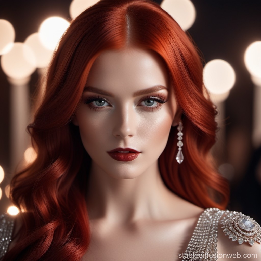 Elegant Red-Haired Woman with Glamorous Makeup and Jewelry