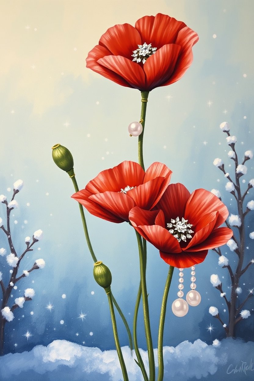 Elegant Red Poppies with Pearls in a Winter Scene