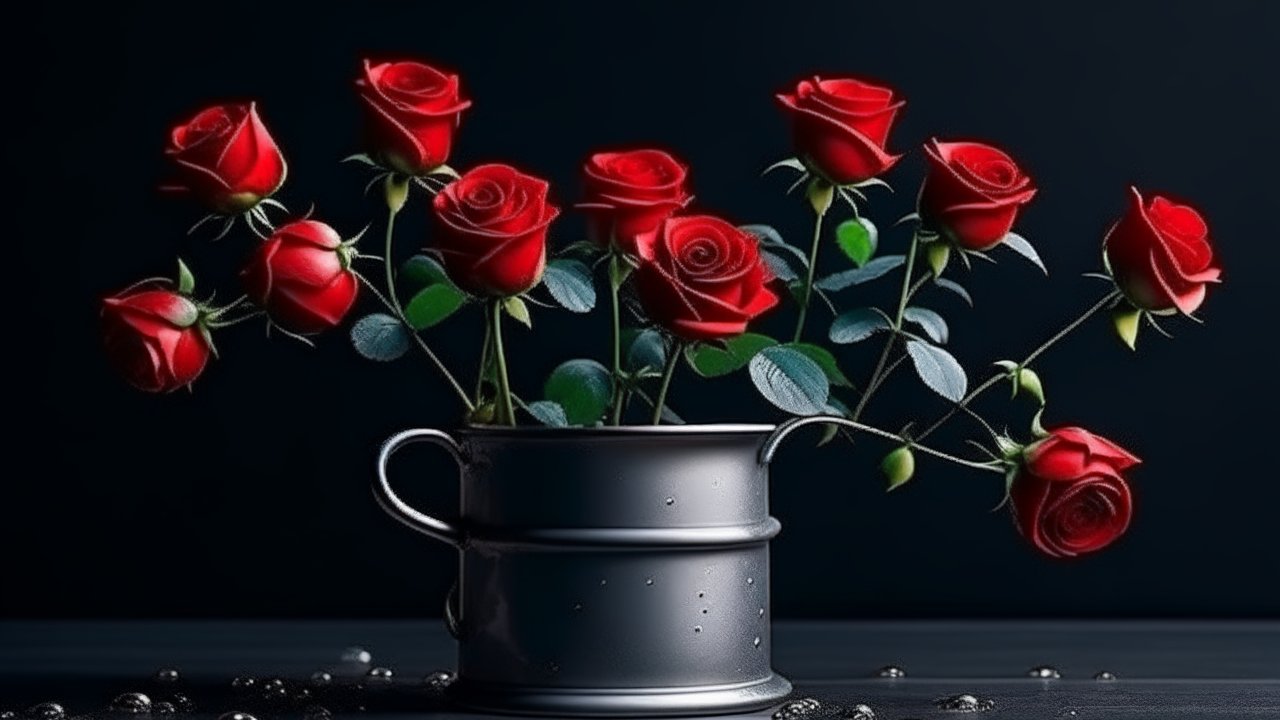 Elegant Red Roses in a Dark Metal Vase