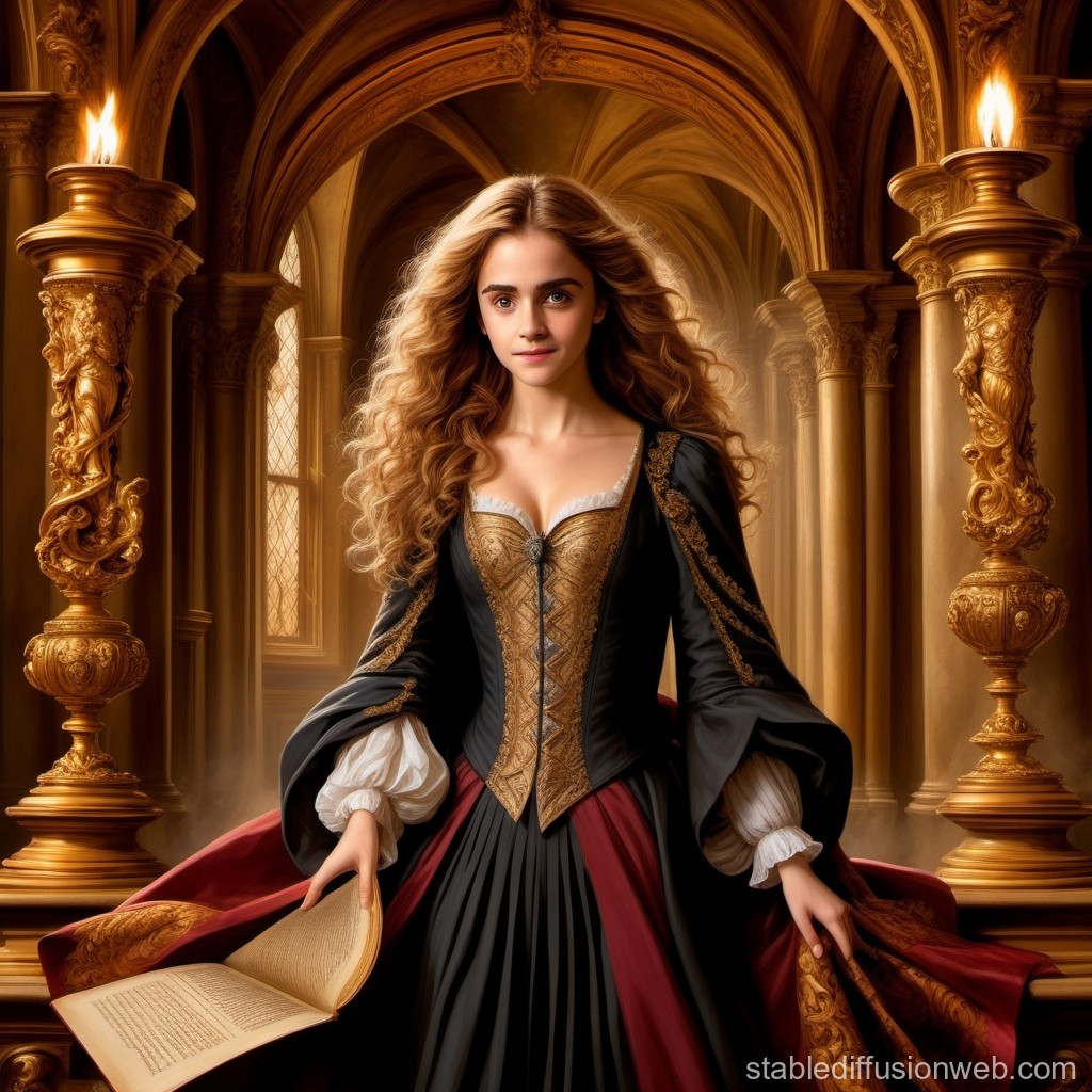 Elegant Renaissance Woman in Ornate Gothic Hall
