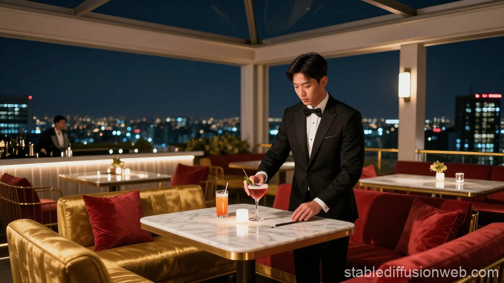 Elegant Rooftop Bar Night Scene with Bartender