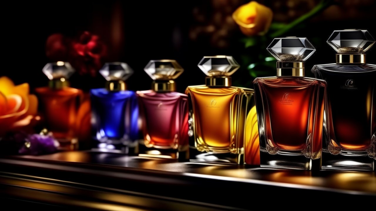 Elegant Row of Colorful Perfume Bottles with Floral Background