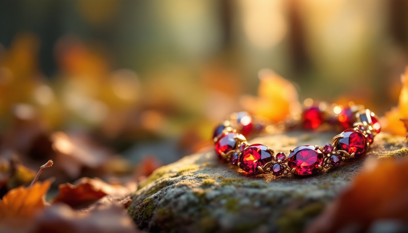 Elegant Ruby Bracelet on Autumn Leaves