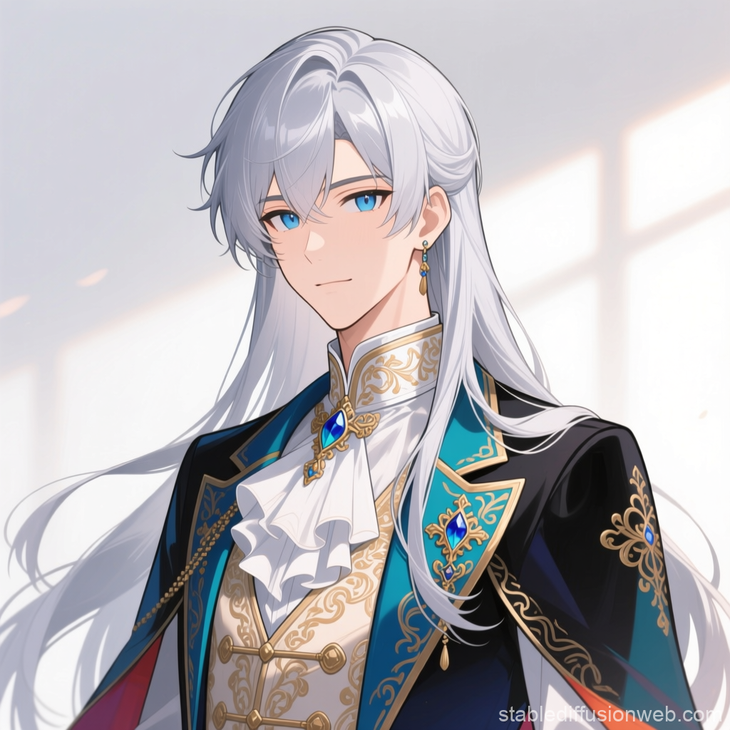 Elegant Silver-Haired Aristocrat Youth in Ornate Attire