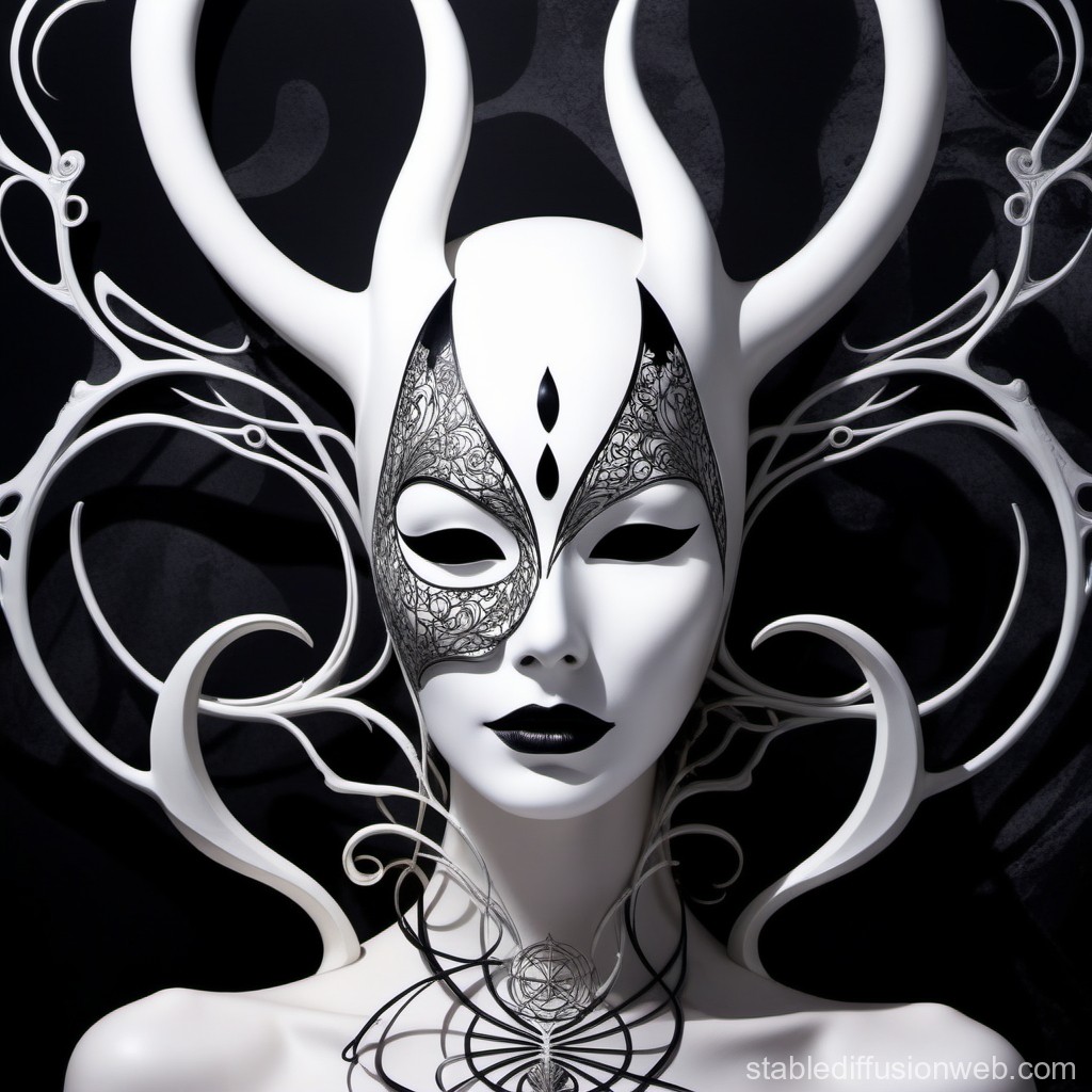 Elegant Surreal Masked Figure with Intricate Horns