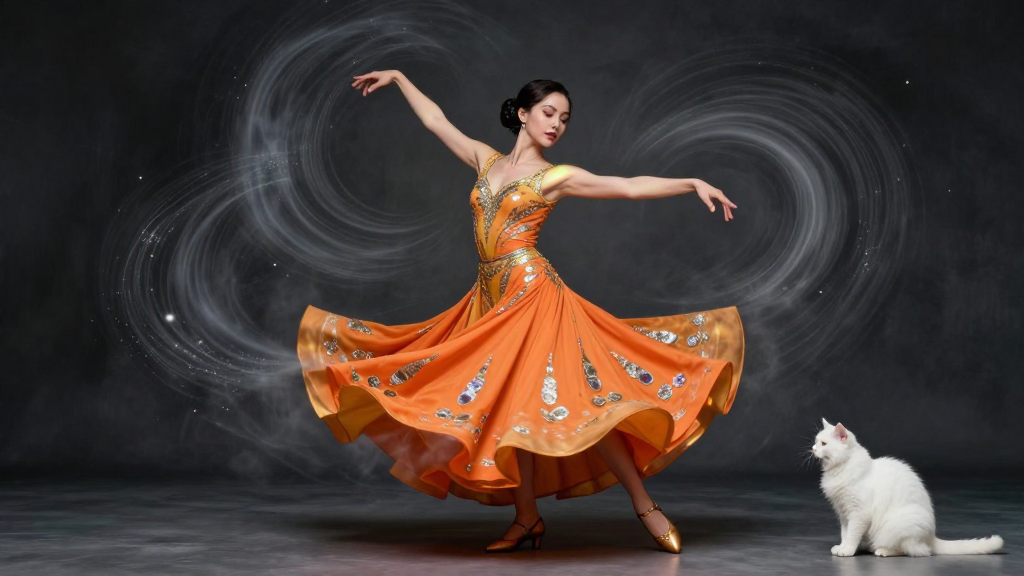 Elegant Tango Dancer in Flowing Orange Dress with White Cat