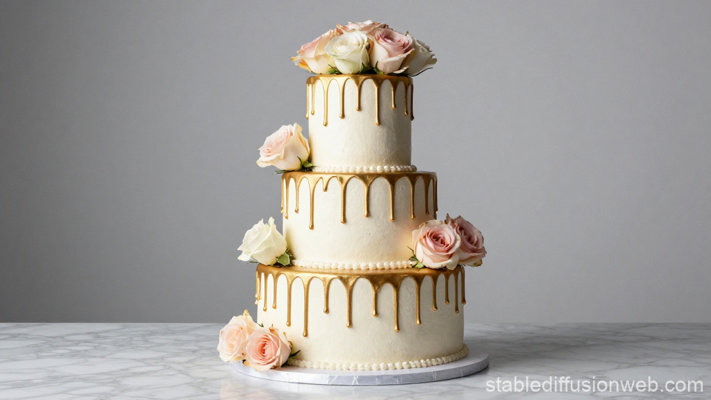Elegant Three-Tier Birthday Cake with Gold Drip and Roses