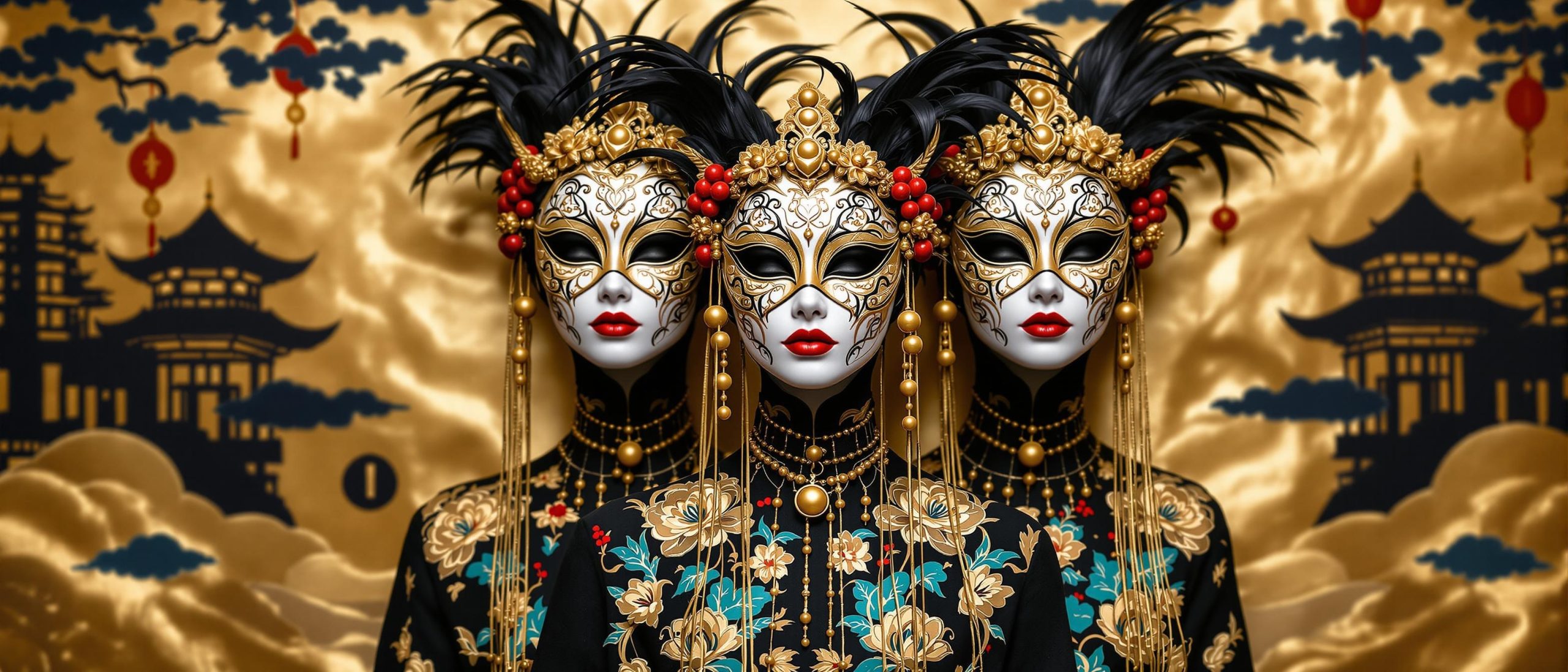 Elegant Trio in Ornate Venetian Masks with Asian Motifs