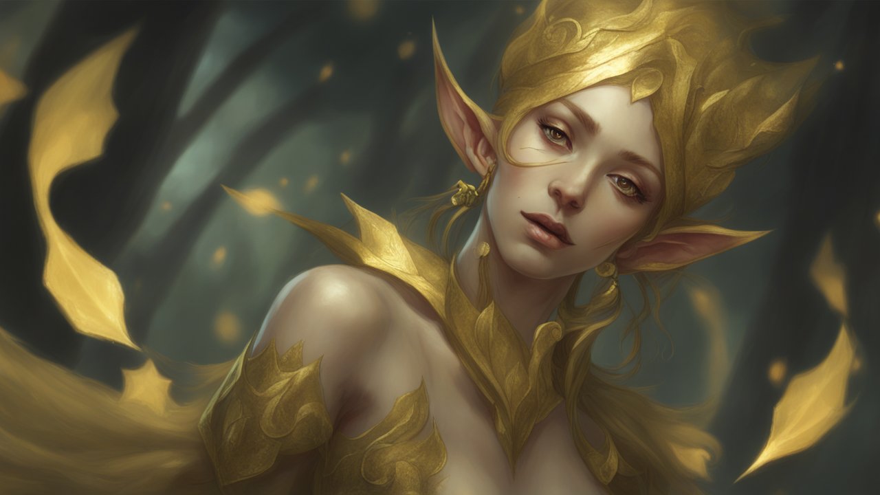Elegant Umbral Gold Elf in Mystical Forest