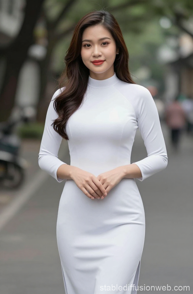 Elegant Vietnamese Woman in Traditional White Ao Dai Dress