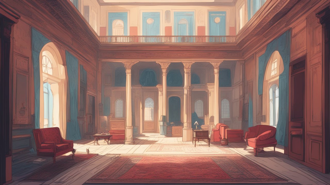 Elegant Vintage Interior with Tall Columns and Red Furnishings