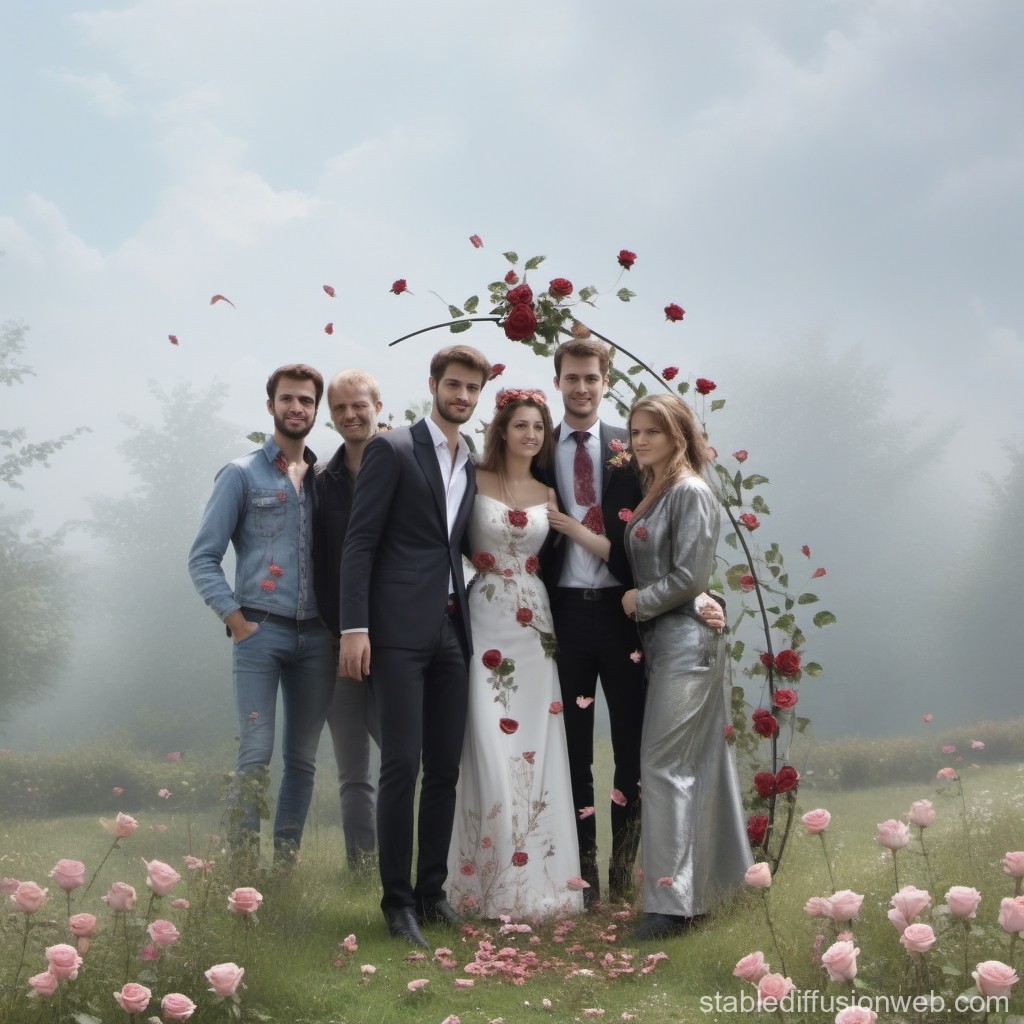 Elegant Wedding Group Portrait in a Floral Garden