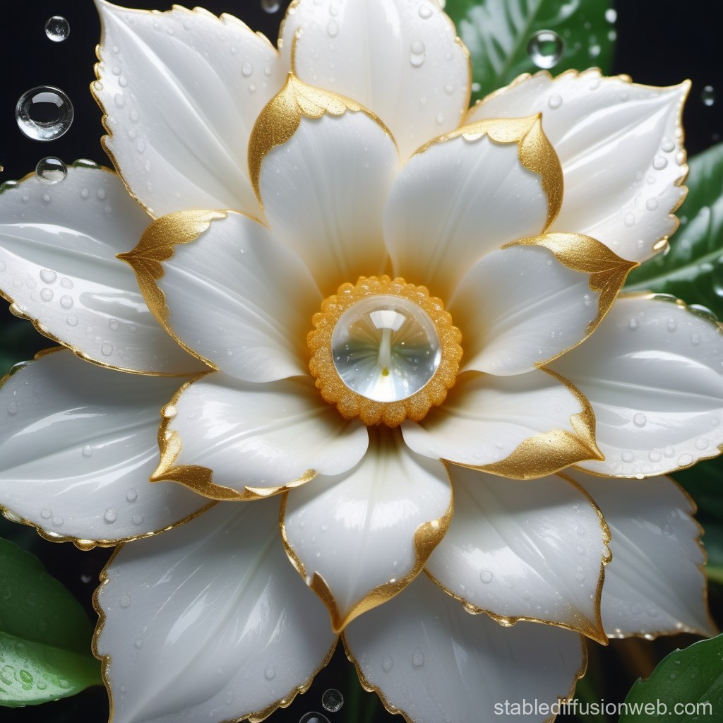 Elegant White and Gold Flower with Dew Drops