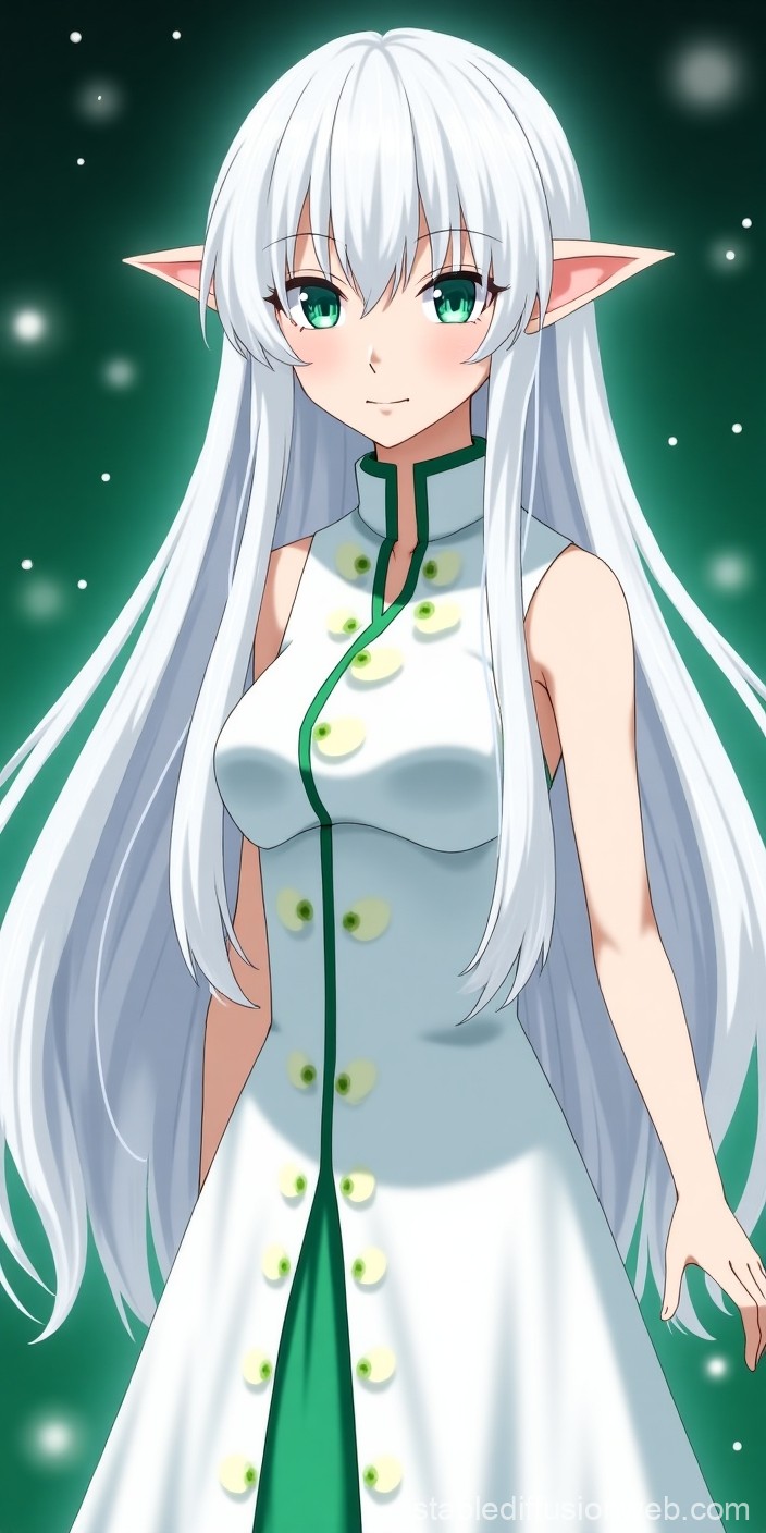 Elegant White-Haired Elf with Green Eyes in Anime Style
