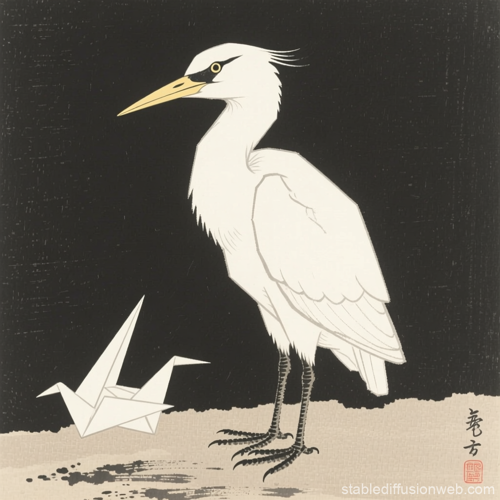 Elegant White Heron with Origami Crane in Japanese Style
