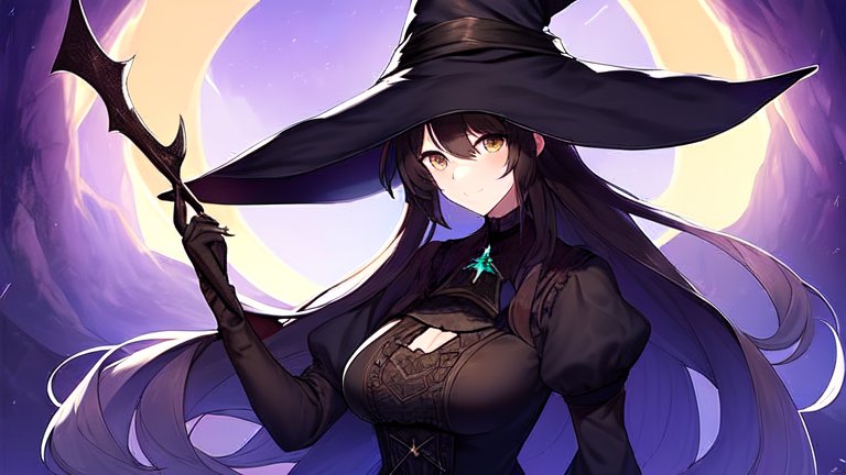 Elegant Witch with Crescent Moon Background