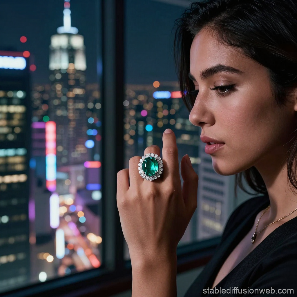 Elegant Woman Admiring Emerald Ring in City Nightscape
