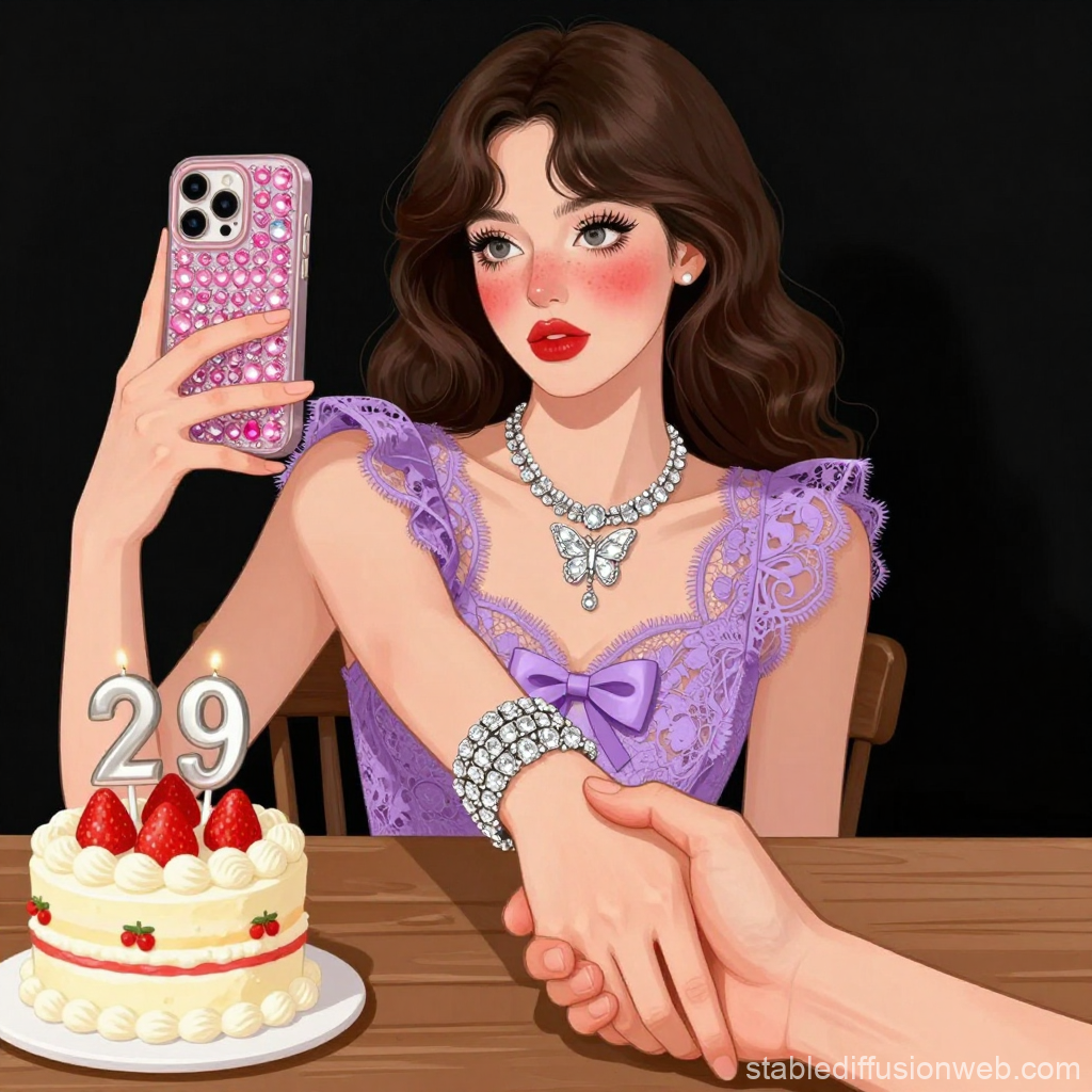 Elegant Woman Celebrating 29th Birthday with Selfie and Handshake