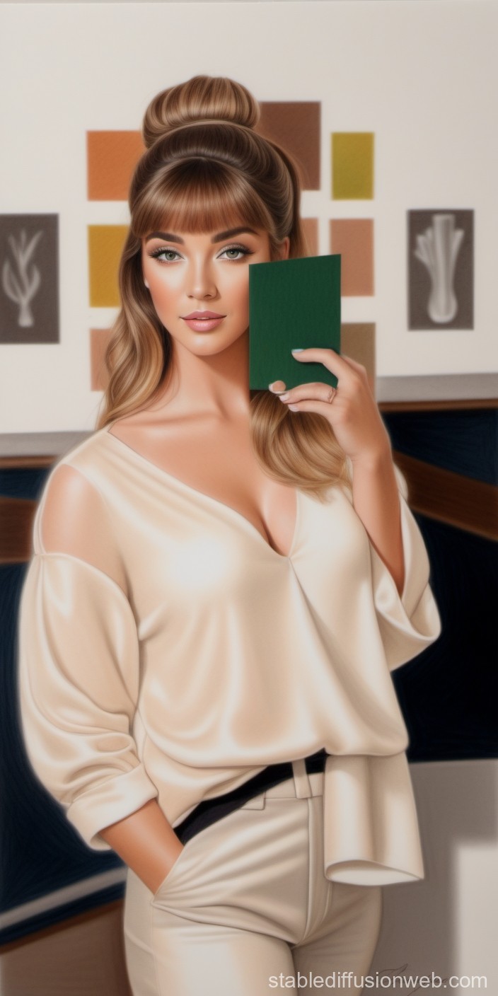 Elegant Woman Holding a Green Book in Modern Interior